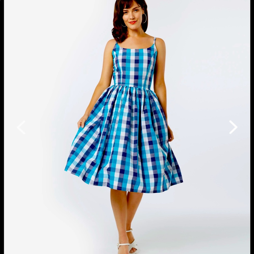 1950s Blue Picnic Plaid Sandra Swing Dress